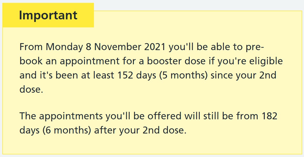 NHS notice about booster vaccination booking 7-11-2021